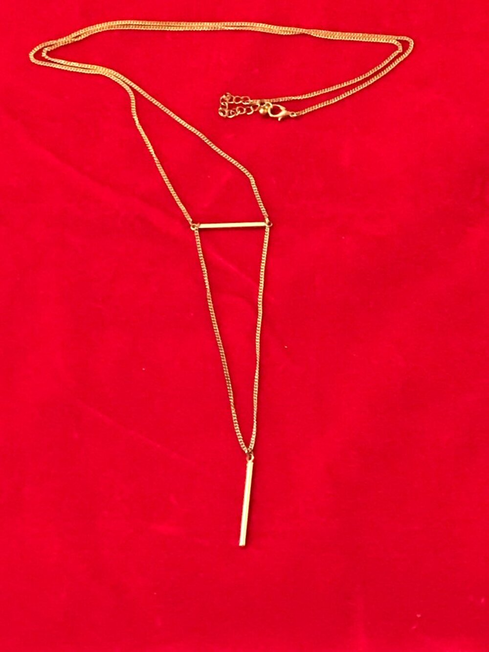 Long Gold Colored Lariat Necklace with Horizontal Bar and Vertical Bar Pendant
